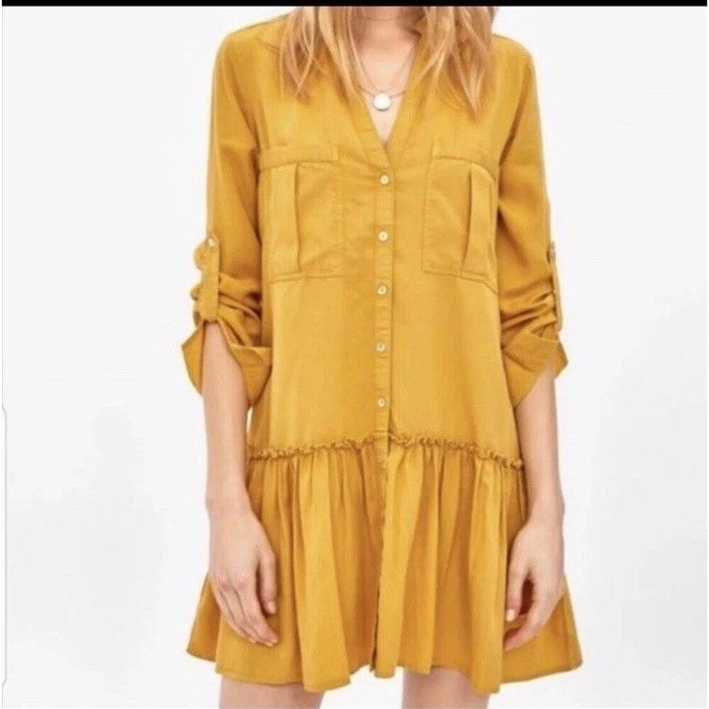 ZARA Long Sleeve Shirt Dress XS Pocket Yellow